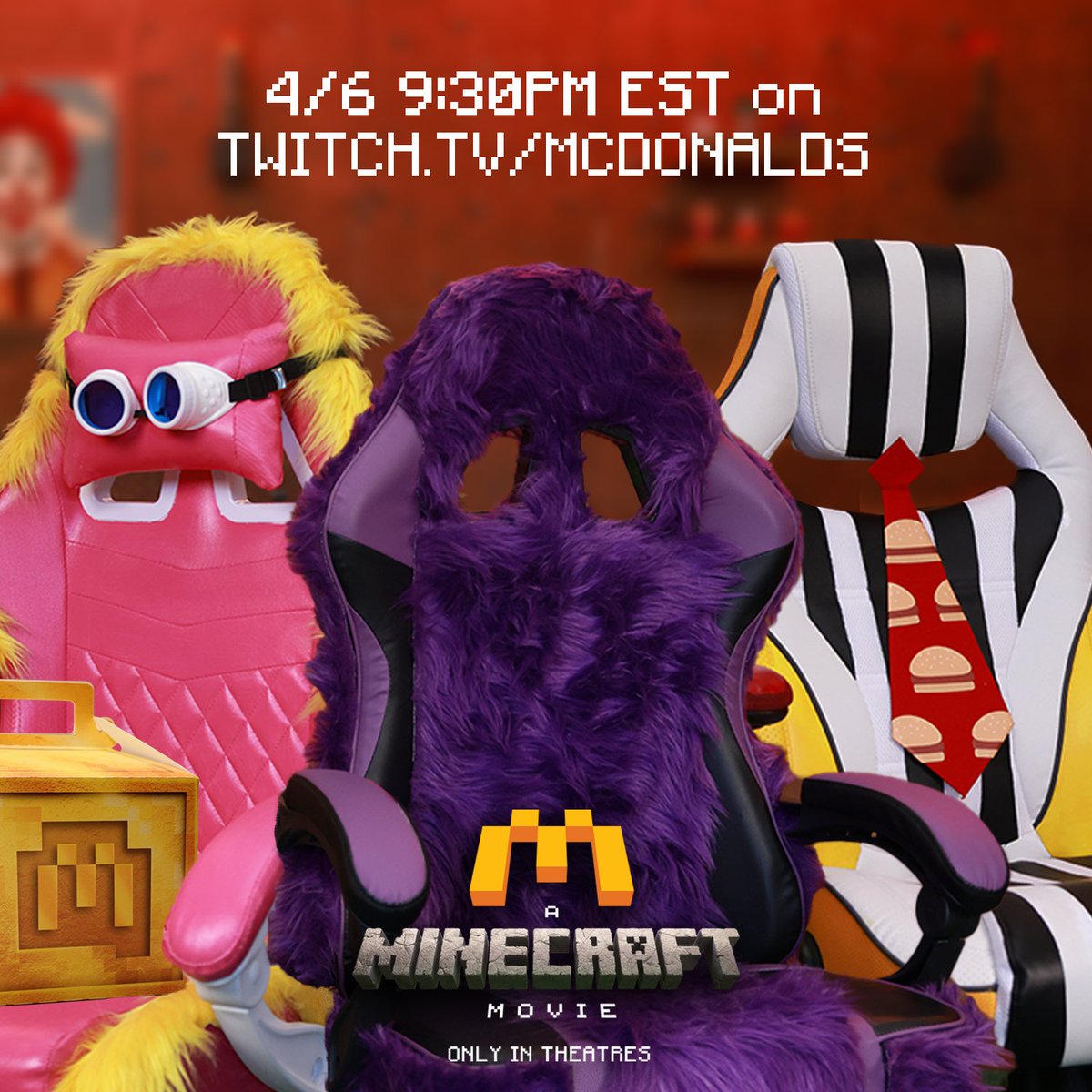McDonalds's tweet image. Grimace, Birdie and Hamburglar are ON TWITCH tn for A Minecraft Movie Meal stream