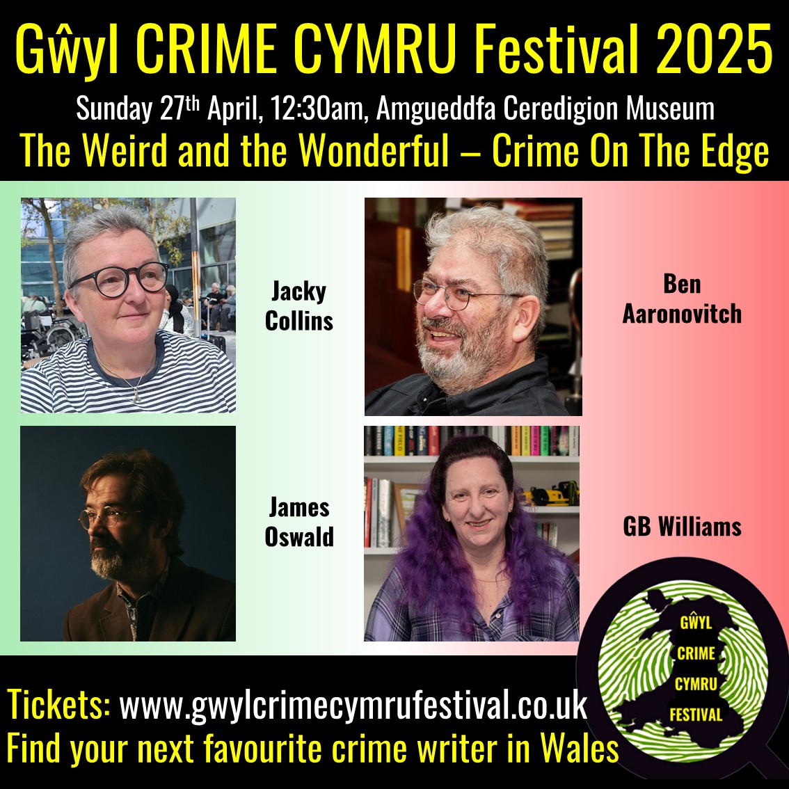 GŵylCrimeCymruFestival (@gwylcrimefest) on Twitter photo The Weird and the Wonderful – Crime On The Edge - with Jacky Collins, <a href="/Ben_Aaronovitch/">Ben Aaronovitch</a> , James Oswald <a href="/SirBenfro/">James " J.D." Oswald</a> and GB Williams <a href="/GailBWilliams/">GB Williams</a>.
For details gwylcrimecymrufetival.co.uk
For tickets ticketsource.eu/whats-on/terra…
#gwylcrimecymrufestival #gwylcrimefest #gccf2025 The Weird and the Wonderful – Crime On The Edge - with Jacky Collins, <a href="/Ben_Aaronovitch/">Ben Aaronovitch</a> , James Oswald <a href="/SirBenfro/">James " J.D." Oswald</a> and GB Williams <a href="/GailBWilliams/">GB Williams</a>.
For details gwylcrimecymrufetival.co.uk
For tickets ticketsource.eu/whats-on/terra…
#gwylcrimecymrufestival #gwylcrimefest #gccf2025