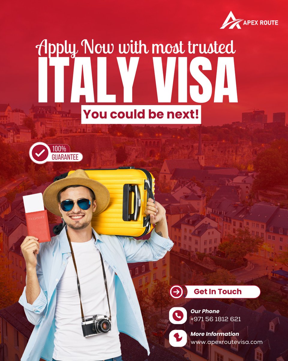apexroutevisa's tweet image. 🇮🇹 Italy Visa – You Could Be Next! ✈️

Dreaming of living and working in Italy? Your chance is here! Let Apex Route guide you through a smooth and stress-free visa.
📞 +971 56 181 2621
🌐 apexroute.net
#ItalyVisa #WorkInItaly #VisaAssistance #YouCouldBeNext #ApexRoute