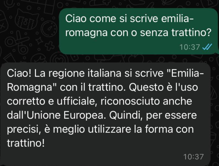 Oggi ho chiesto a tre AI se Emilia-Romagna va scritta col trattino o no: #copilot subito sosteneva che si poteva anche non usare, ma dopo avergli linkato l'Accademia della Crusca ha ammesso l'errore; con #gemini è stata più dura; alla fine ha vinto Meta AI. <a href="/RegioneER/">Regione Emilia-Romagna</a>