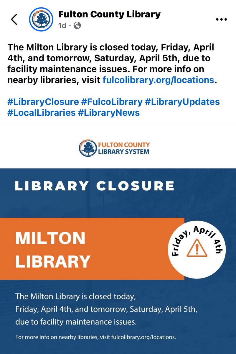 The Milton Library will remain closed on Monday and Tuesday-  April 7 and 8.

Programs and events will be rescheduled.   AARP tax services are being moved to the Ocee Library on Monday and the NESO Library on Tuesday.  Our Paul Revere lecture will be rescheduled.