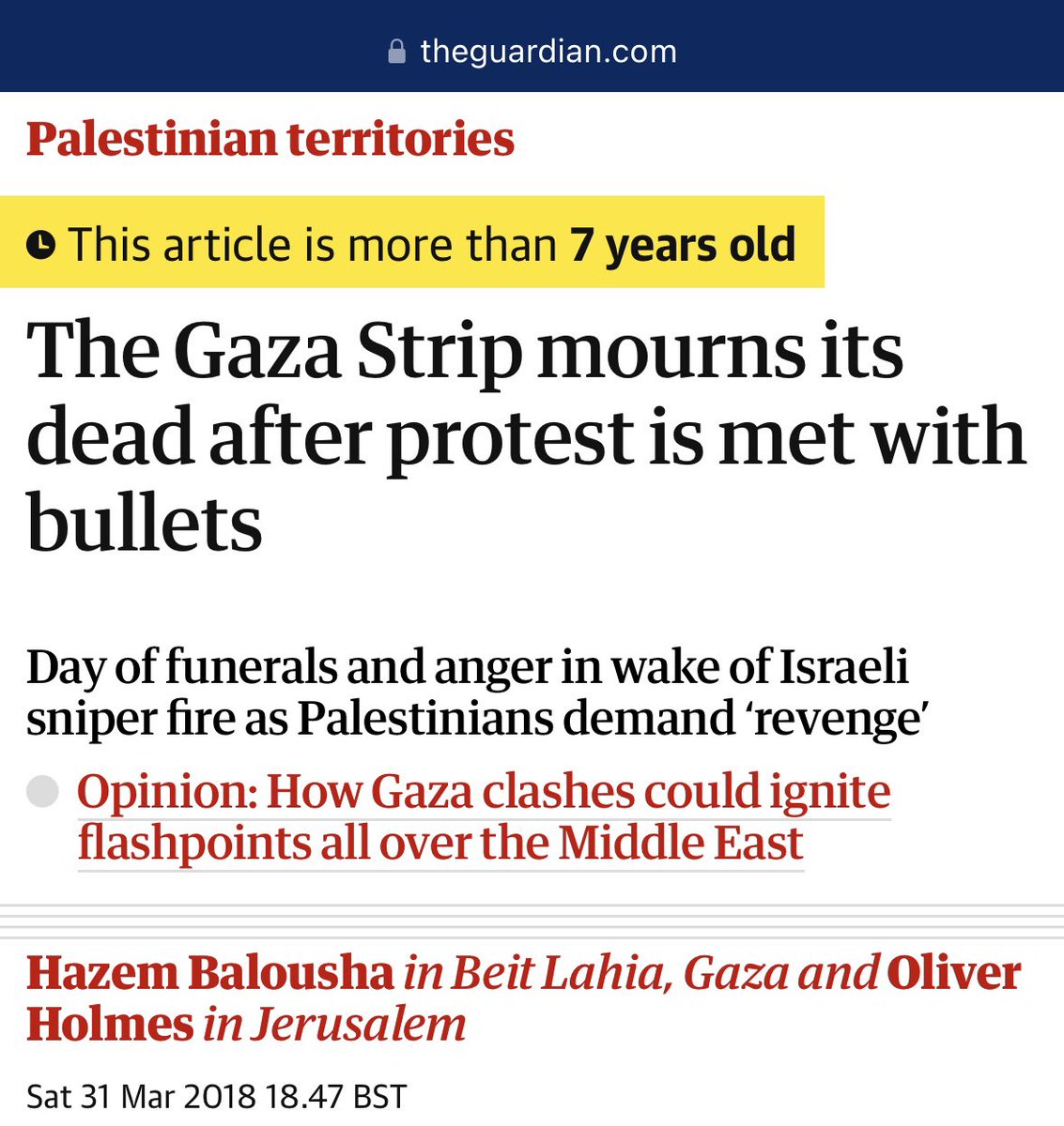 Hamza_a96's tweet photo. Palestinians are “met with” and “receive” bullets.

Look at the dates on this disgraceful reporting. 

The Guardian has been whitewashing Israel’s crimes for years. https://t.co/By09cxEKCM