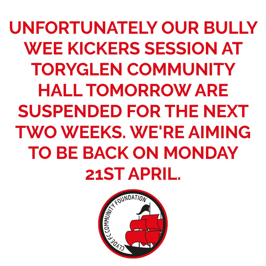 Unfortunately, due to circumstances outwith anyone’s control, we will need to postpone our Bully Wee Kickers sessions at Toryglen Community Hall for the next few weeks.

We are aiming to return on Monday 21st April.

❤️🤍🖤