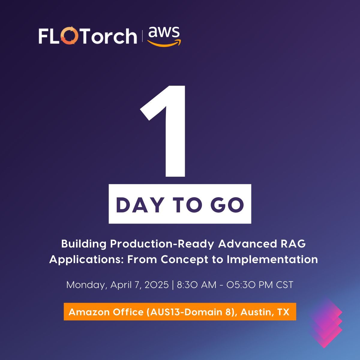 flo_torch_ai's tweet image. ⏳ The Countdown is On!

Join FloTorch &amp;amp; AWS experts for an exclusive hands-on workshop where you’ll discover the best practices for building scalable, production-ready RAG solutions using Amazon Bedrock &amp;amp; SageMaker AI.

We’re ready — are you? See you there! 👏 

#flotorch #rag