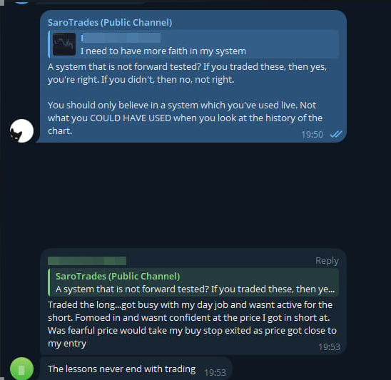 SaroTrades's tweet photo. "My system/Model was there, I should have trusted it but I got scared"

Your system was not there. A system is a full evolved system/model of trading when it even tells you what to do when you're not sure or scared.

- Not being scared is part of the system.
- Having the balls to click buy or sell, that’s part of the system.
- Being confident enough to take the trade and live with the outcome, that's the system.

That’s not some side thing. That is the system.
If those things aren’t there, then there is no system. Not yet.

Looking at candles, drawing fibs, having some clean model, yeah, that’s nice. But that’s maybe 10% of it.
The rest? It’s you.

Remember the system is:

- Seeing your setup and pulling the trigger without hesitation
- Placing your stop and not moving it because you're scared
- Taking a loss without spiraling
- Not chasing price like a junkie when you get left behind
- Showing up and executing even when the market humbles you.

You've seen it, back-testing gets too much praise. Your plans might look perfect looking back, but you’ll mess up when trading live. So stop listening to those Scam Jordans of trading who say "JUST BACKTEST MORE BROOO."

You don’t need more back-testing, you need more raw experience and more execution to test the system live just as much as you've back-tested:
- Backtesting builds logic.
- Forward-testing builds trust.
- Without both, you’ve got nothing.

If you’ve got a model, but you freeze, hesitate, fomo, get shaken out, overthink, it’s not a system yet.
It’s just lines on a screen. Don't call it a system yet.

The system becomes real the moment you stop flinching.
Until then, it’s just raw data on the history of the chart.