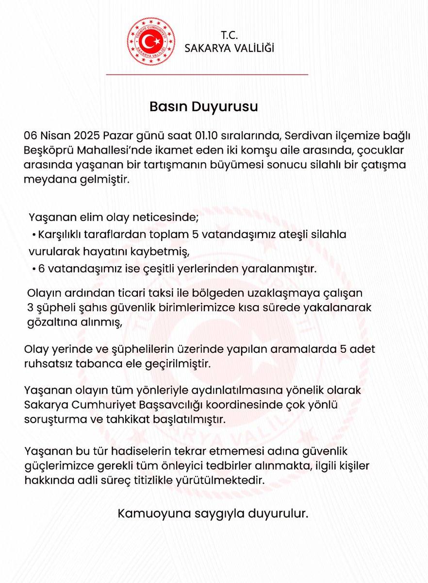 Sakarya Valiliği Basın Duyurusu. 

📣Kamuoyuna Duyurulur📢