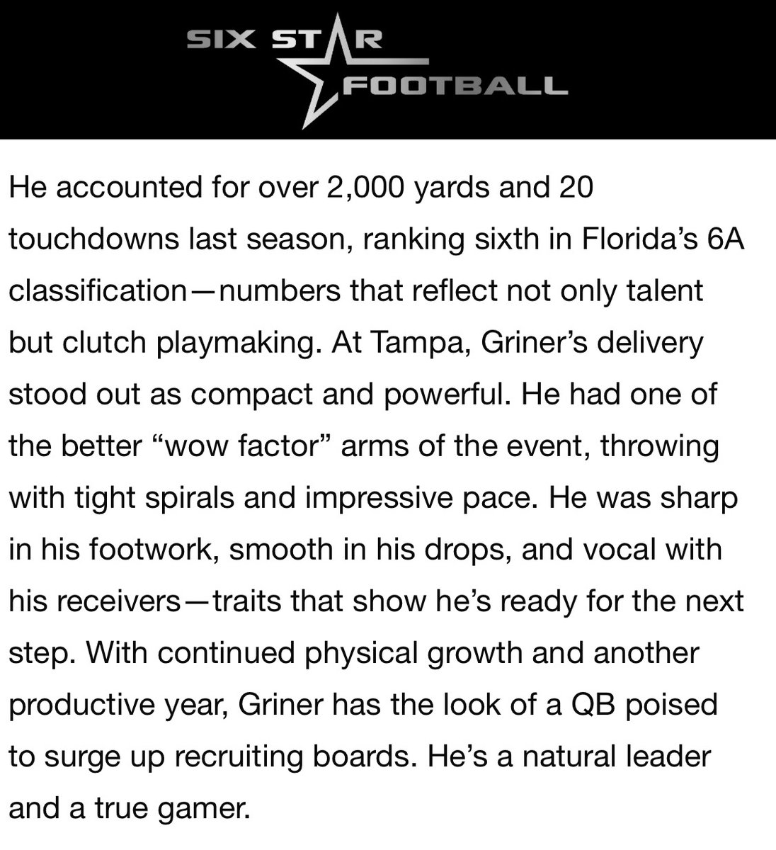 Max QB1 Griner 2027 (@maxwellgriner) on Twitter photo Blessed and thankful for the writeup <a href="/sixstarfootball/">Six Star Football | PLUS+</a>
Got great work in <a href="/Elite11/">Elite11</a>
Hard work paying off!
<a href="/Stumpf_Brian/">Brian Stumpf</a>
<a href="/CoachKenyon/">Chuck Kenyon</a>
<a href="/CoachSamCurry/">Coach Curry</a>
<a href="/BozemanQBs/">Bozeman Quarterbacks</a>
<a href="/JoeMento/">Joe Mento</a>
<a href="/QBHitList/">QBHitList.com</a>
<a href="/JerryRecruiting/">Rising Stars</a> Blessed and thankful for the writeup <a href="/sixstarfootball/">Six Star Football | PLUS+</a>
Got great work in <a href="/Elite11/">Elite11</a>
Hard work paying off!
<a href="/Stumpf_Brian/">Brian Stumpf</a>
<a href="/CoachKenyon/">Chuck Kenyon</a>
<a href="/CoachSamCurry/">Coach Curry</a>
<a href="/BozemanQBs/">Bozeman Quarterbacks</a>
<a href="/JoeMento/">Joe Mento</a>
<a href="/QBHitList/">QBHitList.com</a>
<a href="/JerryRecruiting/">Rising Stars</a>