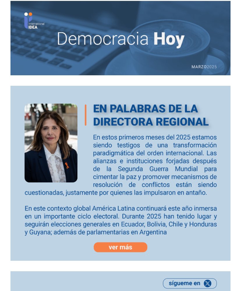 Marcela Rios Tobar 💚💜 (@mriost) on Twitter photo Edición Marzo 2025 “Democracia Hoy” Boletín de la oficina regional de América Latina y el Caribe de <a href="/Int_IDEA/">International IDEA</a> Nuevos estudios sobre gobernanza y desigualdad, dinero y política, entrevista a <a href="/TamaraTaraciuk/">Tamara Taraciuk Broner</a> de <a href="/The_Dialogue/">The Inter-American Dialogue</a> eventos y mucho más
mailchi.mp/idea.int/democ… Edición Marzo 2025 “Democracia Hoy” Boletín de la oficina regional de América Latina y el Caribe de <a href="/Int_IDEA/">International IDEA</a> Nuevos estudios sobre gobernanza y desigualdad, dinero y política, entrevista a <a href="/TamaraTaraciuk/">Tamara Taraciuk Broner</a> de <a href="/The_Dialogue/">The Inter-American Dialogue</a> eventos y mucho más
mailchi.mp/idea.int/democ…