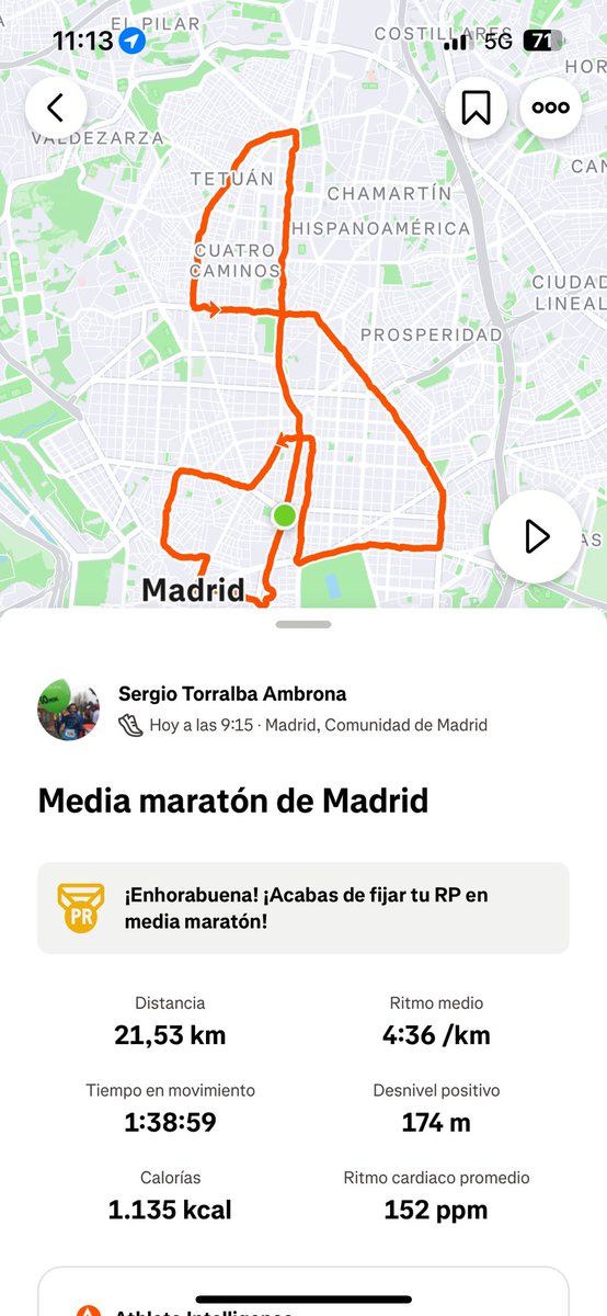 Se ha hecho un pelín dura al final la <a href="/mediodemadrid/">Movistar Madrid Medio Maratón</a>. Terreno rompepiernas, pero otra más a la saca. Me salieron muchos metros de más, pero el ritmo de 4:36 está ahí. Un placer correr con <a href="/RunnersTorrejon/">RunnersTorrejon</a>. #atope