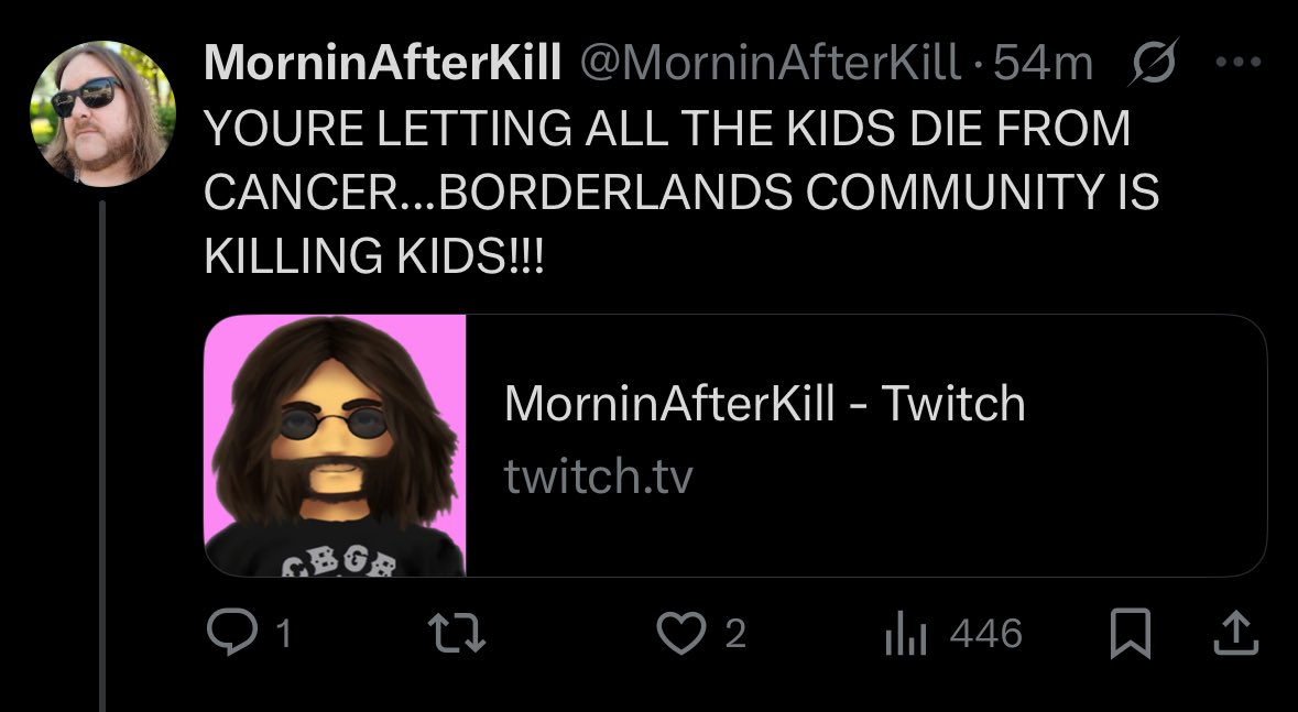 Byrdman's tweet photo. What a fucking loser. The fact I still see Borderlands community members support this meth mouthed idiot is insane. 

Every cent that goes to St. Jude is crucial to saving kids lives. Fuck MAK and cancer. https://t.co/sOCsOSX3l5