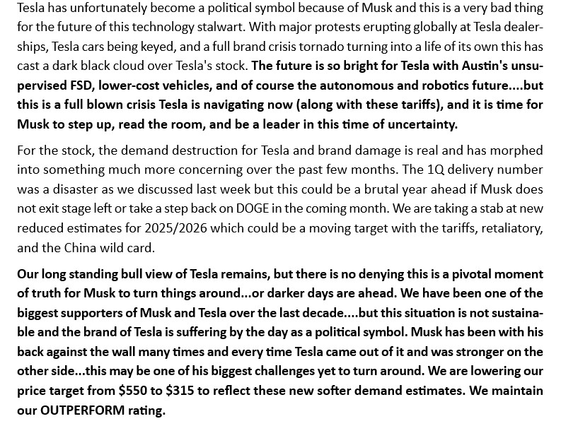Dan Ives (<a href="/DivesTech/">Dan Ives</a>) lowers TSLA price target from $550 to $315