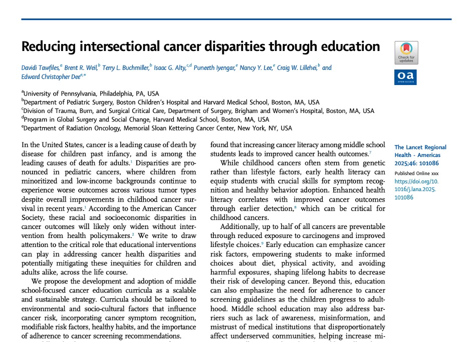 Edward Christopher "Chris" Dee, MD (@echrisdee) on Twitter photo 📜 In <a href="/LancetRH_Americ/">The Lancet Reg Health-Americas</a> and led by <a href="/DavidiTawfiles/">Davidi Tawfiles</a>, we call for incorporation of #cancer #education as early as middle school to promote #prevention and #health #literacy globally
🙏 Grateful to our team! <a href="/MSK_RadOnc/">Memorial Sloan Kettering Radiation Oncology</a> <a href="/BCHPedSurg/">BCH Department of Surgery</a> <a href="/harvardmed/">Harvard Medical School</a> <a href="/Penn/">Penn</a>
🔗 thelancet.com/journals/lanam… 📜 In <a href="/LancetRH_Americ/">The Lancet Reg Health-Americas</a> and led by <a href="/DavidiTawfiles/">Davidi Tawfiles</a>, we call for incorporation of #cancer #education as early as middle school to promote #prevention and #health #literacy globally
🙏 Grateful to our team! <a href="/MSK_RadOnc/">Memorial Sloan Kettering Radiation Oncology</a> <a href="/BCHPedSurg/">BCH Department of Surgery</a> <a href="/harvardmed/">Harvard Medical School</a> <a href="/Penn/">Penn</a>
🔗 thelancet.com/journals/lanam…