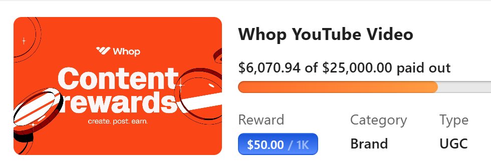 We pay $50 per 1,000 views if you make a video about Whop and post it on YouTube 

No applications - this is open to literally anyone  

Just post your video and paste the link in the "Whop University" content reward within an hour of posting 

Payouts are automatic