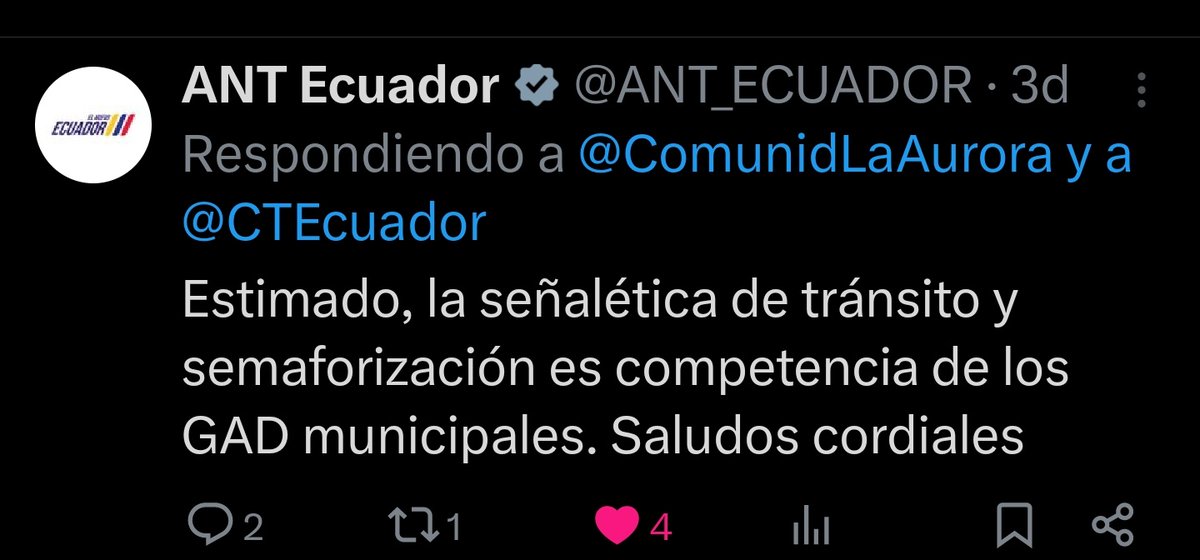 Sr <a href="/WilsonCanizares/">Dr. Wilson Cañizares Villamar</a>, la <a href="/ANT_ECUADOR/">ANT Ecuador</a> fue clara e indicó 
que la señalética de tránsito y semaforización es competencia de los GAD municipales, es decir <a href="/AlcaldiadeDaule/">Alcaldía de Daule</a> es responsable de este tema y desde hace varias semanas venimos pidiendo que nosnayuden pero no prestan