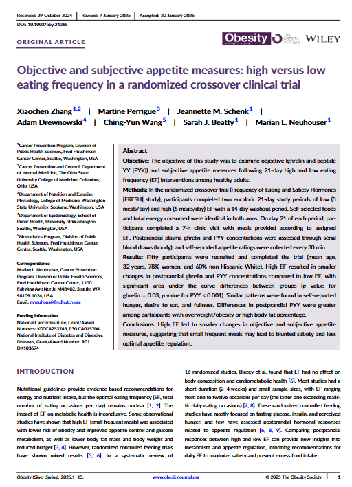 scottisaacsmd's tweet photo. High eating frequency (6 meals/day) vs. low (3 meals/day) impacts appetite regulation differently. Smaller changes in hunger hormones & satiety reported with frequent meals, suggesting less optimal appetite control. #NutritionScience #AppetiteResearch
https://t.co/jtAShCPzdA https://t.co/7OG7y19B5K
