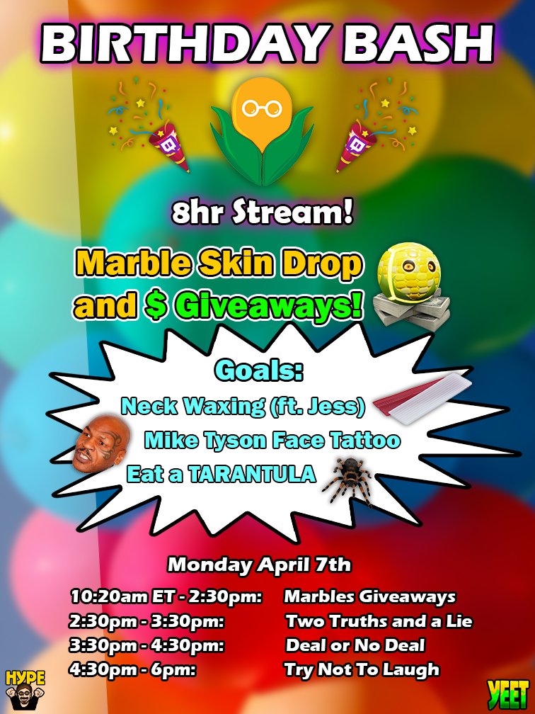 CamOnTheCob's tweet image. HUGE Birthday stream happening Monday, April 7th! We've got a Marble skin drop, prize $ giveaways, and some CRAZY extras! See you there 🎉