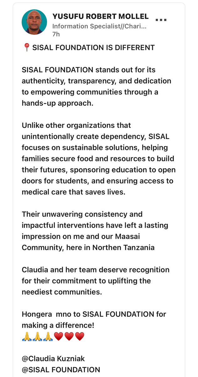 Authentic feedback comes from the indigenous people themselves. This gentleman is not a recipient of our support, but rather a careful watcher of his indigenous community. Thank you for your kind words, YUSUFU ROBERT MOLLEL  💚 #sisalfoundation #maasai #indigenous