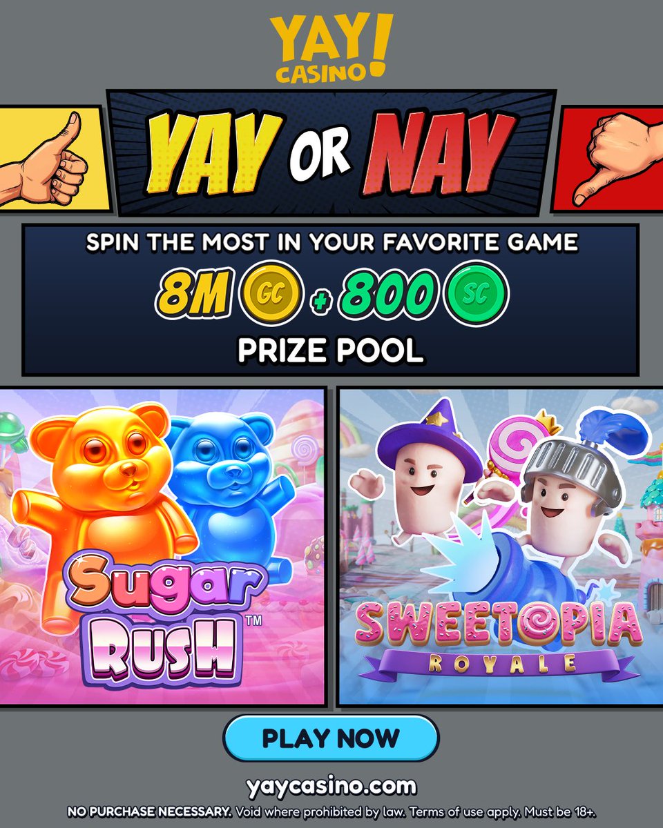 Yay or Nay?🔥

8,000,000 GC + 800 SC Prize Pool shared between 20 winners.

Spin the most SC in your favorite participating game for a chance to win!

Ends on April 7th at 12:59 PM EDT.

Full contest details here: yaycasino.com/promotions/pro…

This competition is not sponsored by X.
