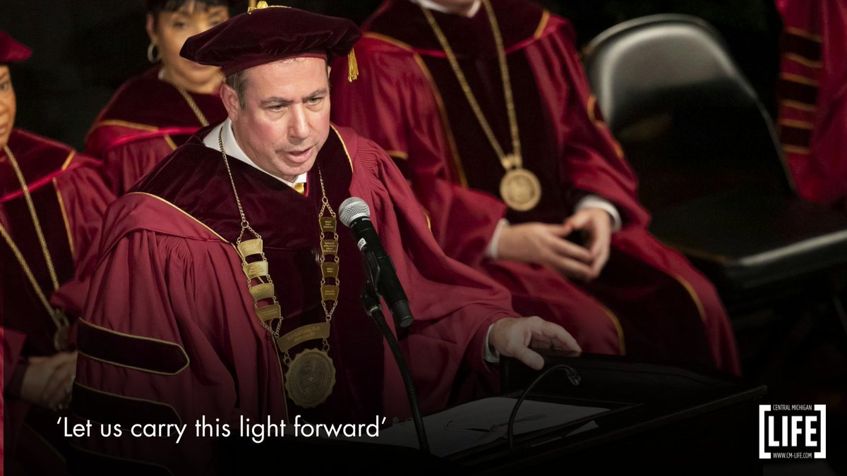 CMLIFE's tweet photo. In a ceremonial transfer of presidential authority and symbols, Neil MacKinnon was officially vested as Central Michigan University's 16th President Friday. In his speech, he discussed his path to improve CMU through its strategic plan. 

https://t.co/1KsSfUlWYh

#fireup #cmich https://t.co/Na5YwGSQRR