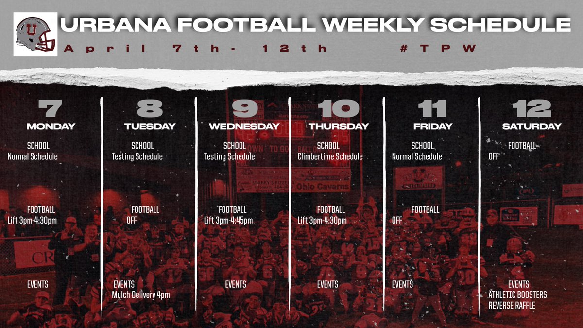 coachcots's tweet image. Schedule for the week. Keep working Climbers! #TPW #PlateParadise