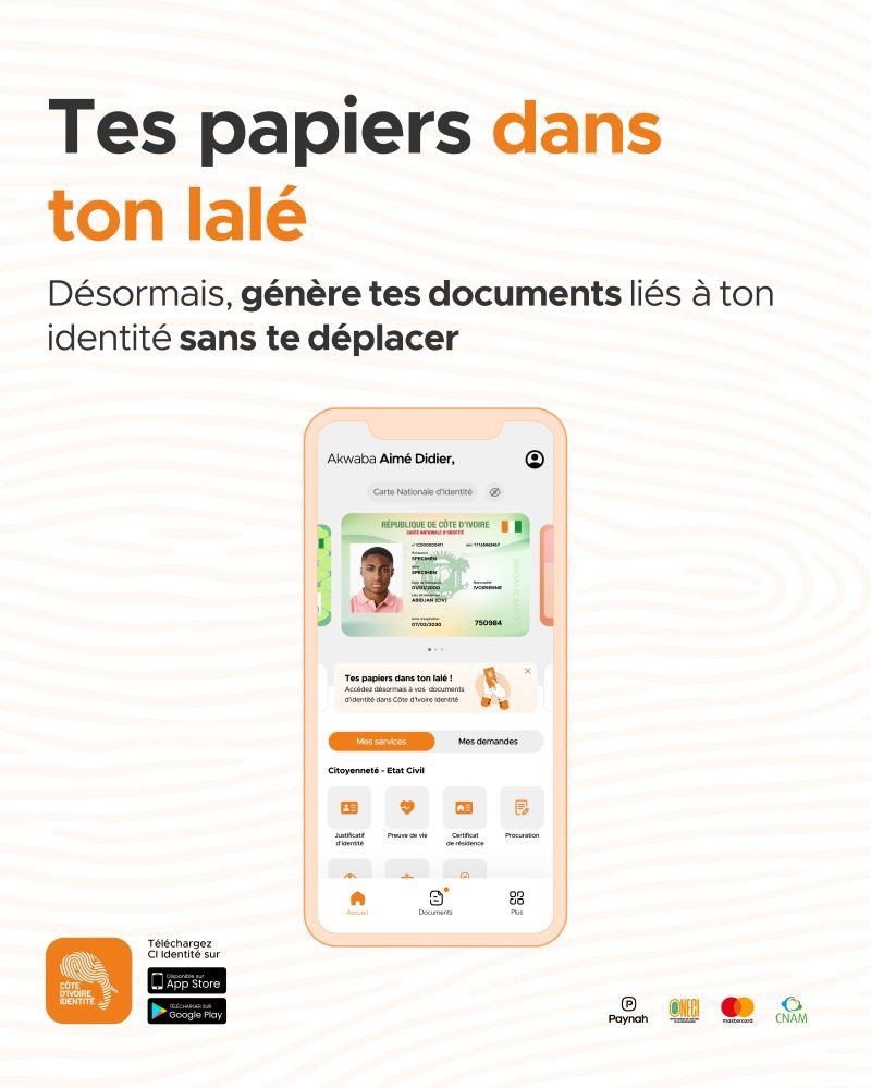 Côte d’Ivoire identité.. ! 
Une application mobile innovante qui permet d’avoir tous ses documents d’identité directement depuis son mobile.. 

Un innovation que je félicite !!

#CIIdentité