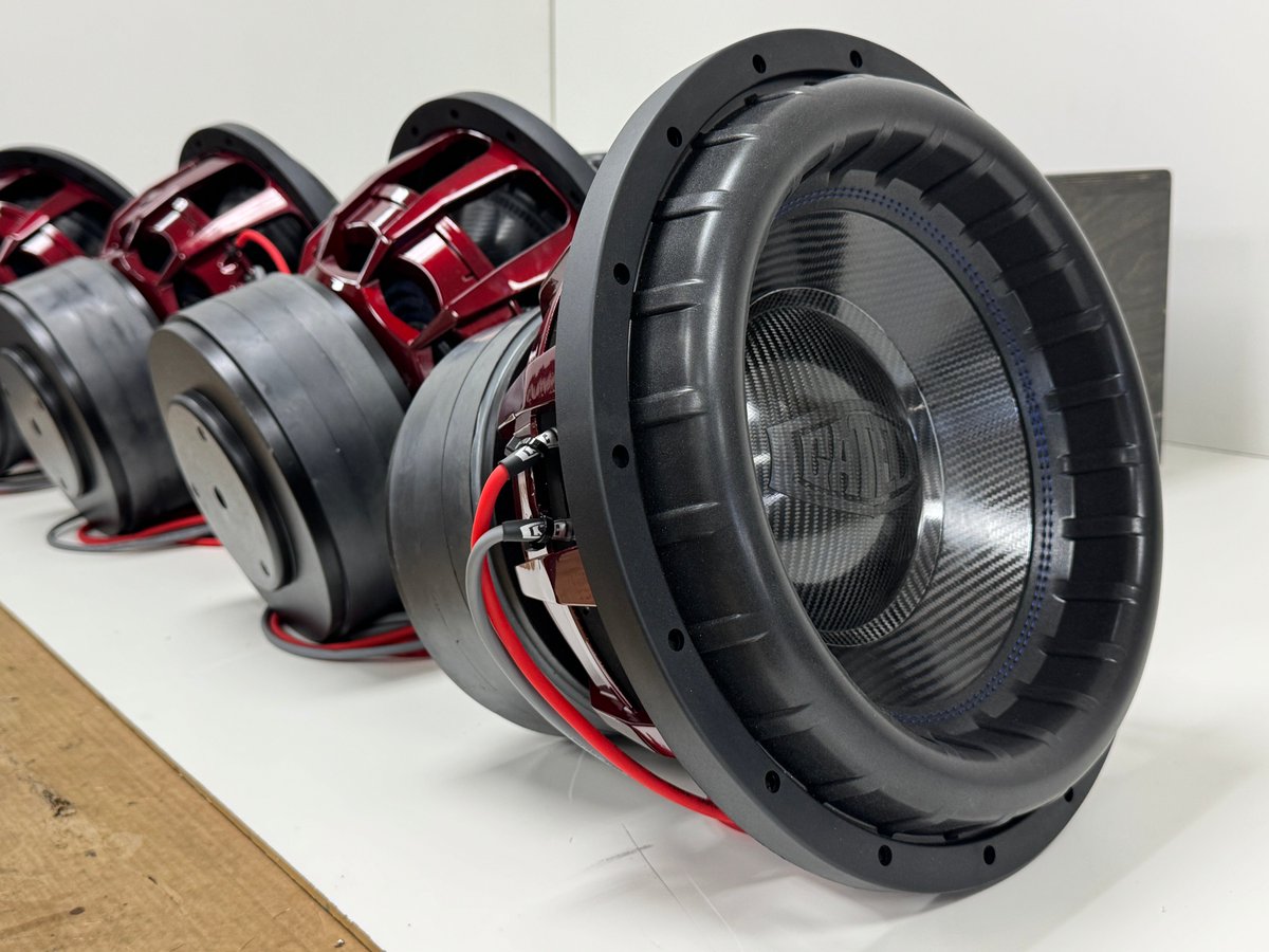 We finally built these BEASTLY @gatelyaudio Relentless 15" subs yesterday and powered them up. Carbon fiber cones, dual .7 ohm coils, and of course that custom "Candy Executioner" red baskets. Rated 4500 watts RMS but I am sure they would take more. Check out the assembly process