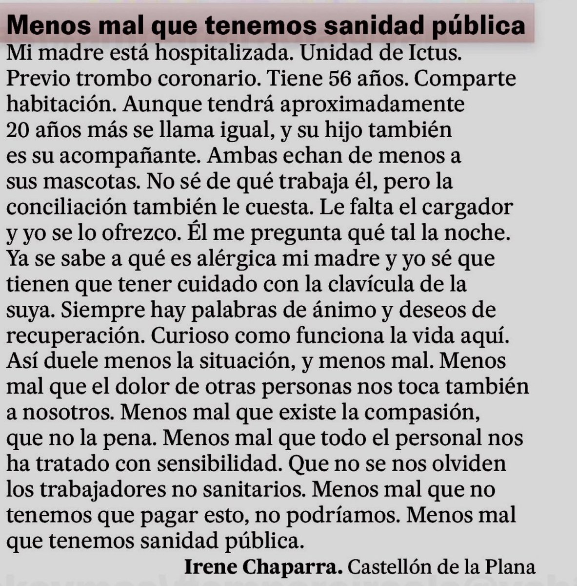 Amparo Iraola Lliso (@ampariu) on Twitter photo Ojalá X haga su magia y mande un abrazo a Irene Chaparra y a su madre,pacientes de la Unidad de Ictus del #HGCastelló <a href="/GVAsanitat/">GVA Sanitat</a> y de paso les dé las gracias por tan emotivas palabras en nombre de tantos como trabajamos en la #SanidadPública 🙏🏼🙏🏼🙏🏼 Ojalá X haga su magia y mande un abrazo a Irene Chaparra y a su madre,pacientes de la Unidad de Ictus del #HGCastelló <a href="/GVAsanitat/">GVA Sanitat</a> y de paso les dé las gracias por tan emotivas palabras en nombre de tantos como trabajamos en la #SanidadPública 🙏🏼🙏🏼🙏🏼
