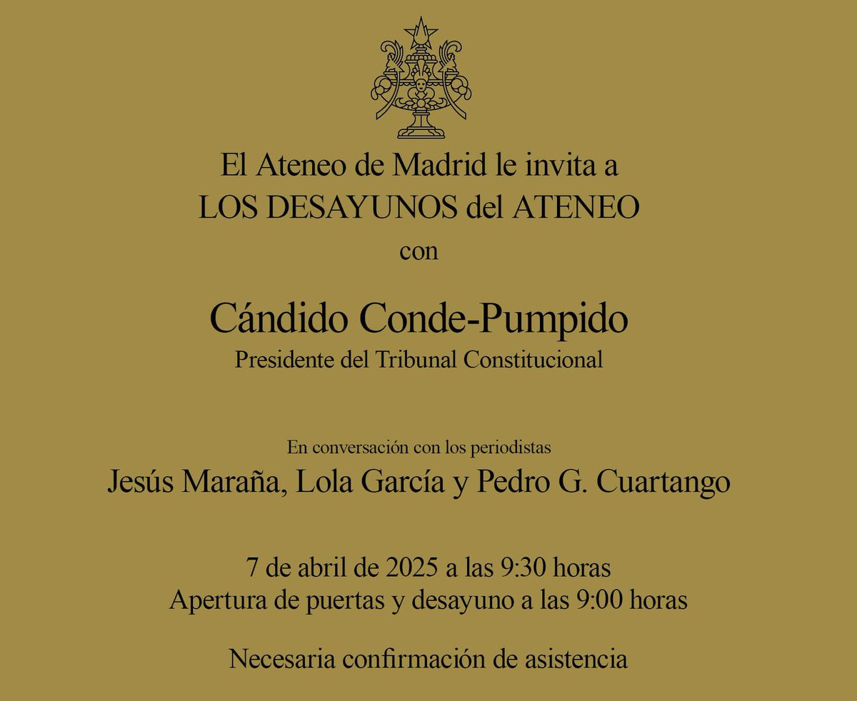 Los desayunos <a href="/ateneodemadrid/">Ateneo de Madrid</a> estrenan formato. Mañana, Cándido Conde Pumpido en conversatorio con <a href="/jesusmarana/">Jesús Maraña</a> <a href="/lolagarciagar/">Lola García</a> y @cuartango. Solo ateneístas y medios acreditados.