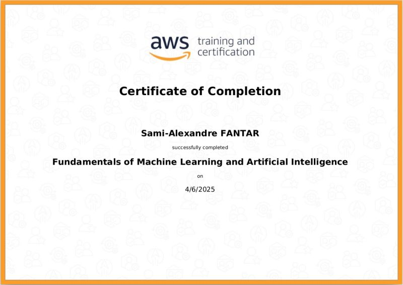 SamiFantar's tweet image. Just completed the course: &quot;Fundamentals of Machine Learning and Artificial Intelligence&quot; from @awscloud.

#AWS #AWSSkillBuilder #ContinuousLearning #ProfessionalGrowth