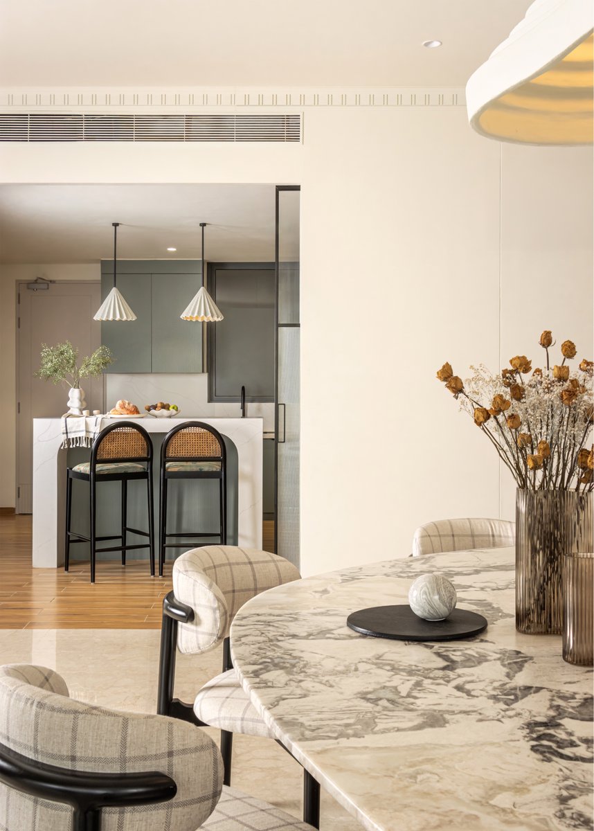 studioipsa's tweet image. Originally enclosed and dimly lit, Kaia’s kitchen now opens into light and warmth.
Pocket doors with fabric glass offer privacy during satsangs without losing elegance.
Muted sage greens, soft curves, and custom lighting bring calm and quiet joy to the space.
#KitchenDetails