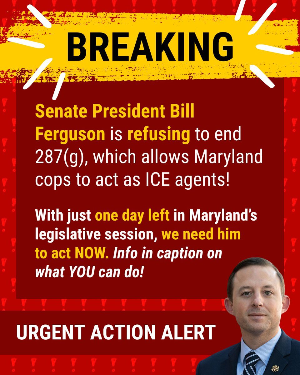 CASA (@casaforall) on Twitter photo 🚨 With one day left in MD’s session, President <a href="/SenBillFerg/">Bill Ferguson</a> is holding the MD Values Act (#HB1222)—a bill that would END 287g, allowing cops to become ICE agents.
The House has done its part. We believe in your leadership and values <a href="/SenBillFerg/">Bill Ferguson</a>. Now is the time to act. 🚨 With one day left in MD’s session, President <a href="/SenBillFerg/">Bill Ferguson</a> is holding the MD Values Act (#HB1222)—a bill that would END 287g, allowing cops to become ICE agents.
The House has done its part. We believe in your leadership and values <a href="/SenBillFerg/">Bill Ferguson</a>. Now is the time to act.