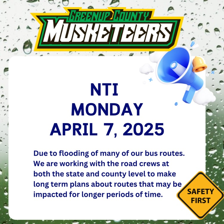 Due to flooding GCSD will use an emergency weather related NTI Day. Assignment due dates will be extended at each school to help any student impacted with flooding/lack of technology. Pray for our families impacted and those working in these conditions. #BelieveInGC