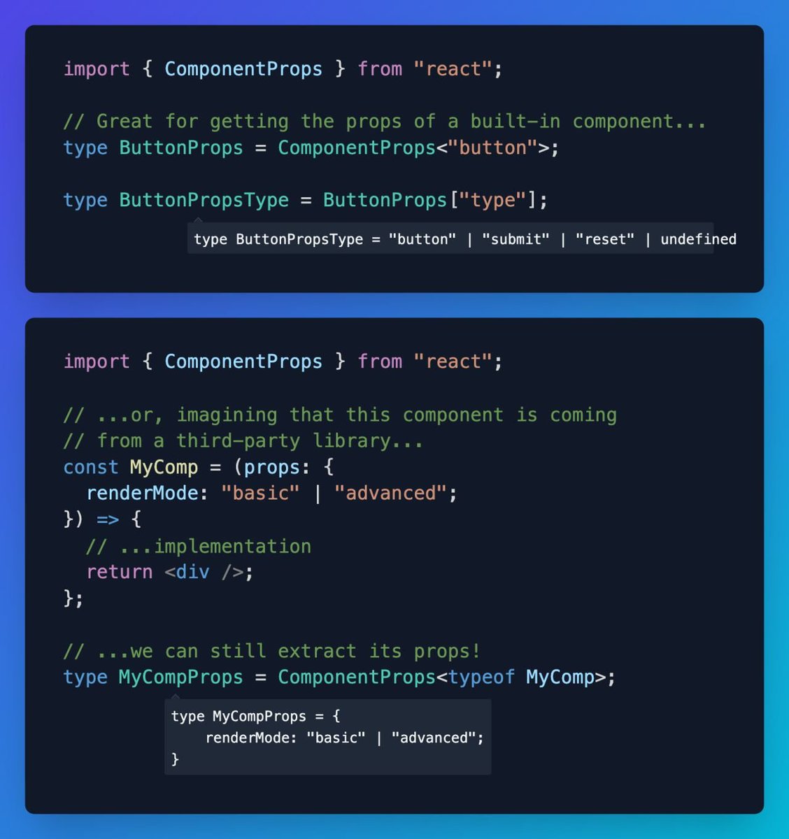 mpoweredo's tweet image. Reminder that React&apos;s ComponentProps helper is still top-tier, and some people still haven&apos;t discovered it.

#javscript #coding #WebDevelopment #buildinpublic