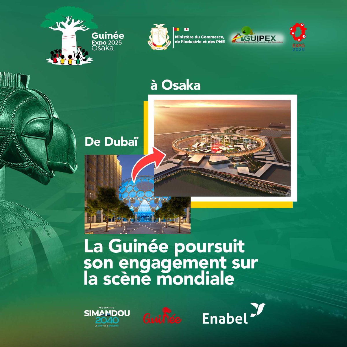 📍Nous avons hâte de vous faire découvrir le pavillon de la Guinée à Osaka, pensé comme un espace vivant, moderne, enraciné dans notre histoire et tourné vers l’avenir.

+ d’infos ici facebook.com/share/p/1QMPwd…