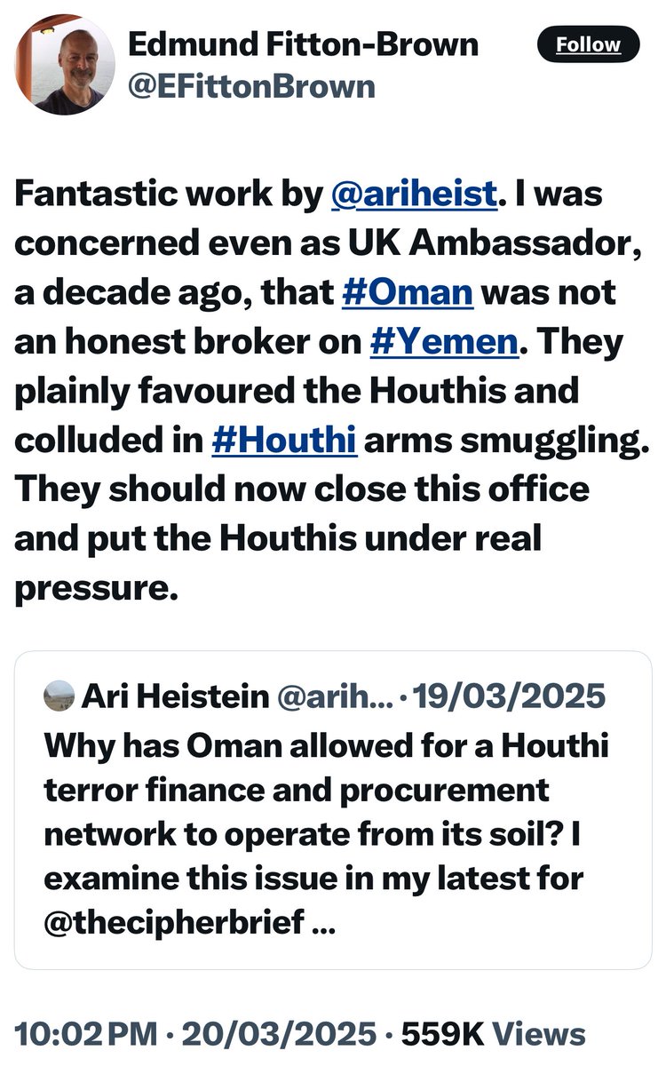 في الأيام الأخيرة ابتدأت حسابات بريطانية بالهجوم على عمان من بينها حساب سفير سابق، بريطانيا عجزت عن كسر الإرادة العمانية الثابتة في دعم الحق الفلسطيني لذلك تستخدم بيادقها في محاولة الضغط على عمان.

نصيحتي لكل محب لوطنه: احذر لندن ومن يحتمي بلندن!!