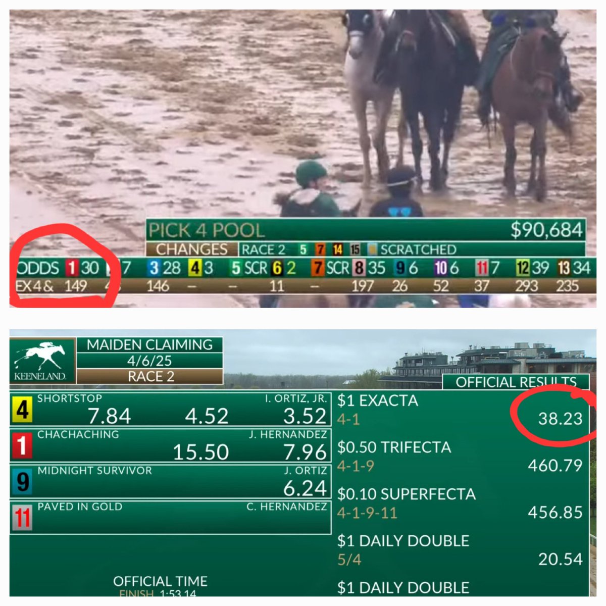 Jackpotkimm's tweet image. In the 2nd race at @keenelandracing, the 4-1 exacta was $149.00 loading in the gate. It paid 38-1. #CAWs