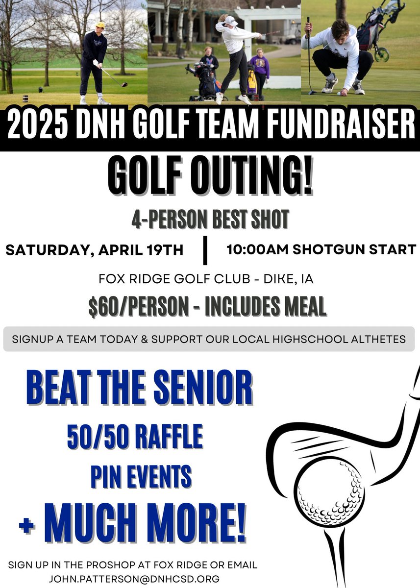 Less than two weeks out from our Saturday April 19th DNH Golf Team Fundraiser! You can sign your team up in the clubhouse or reach out to john.patterson@dnhcsd.org