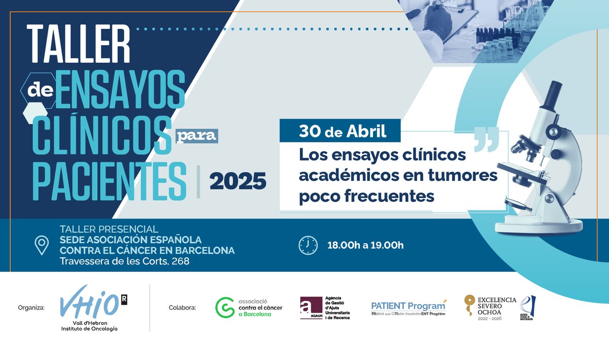 Vall d’Hebron Institute of Oncology (VHIO) (@vhio) on Twitter photo 📣 Taller de Ensayos Clínicos para Pacientes‼️
🔹 Los ensayos clínicos académicos en tumores poco frecuentes
💬 Con Nura Luffi y <a href="/ShareVega/">SHARELA VEGA</a> de #VHIO.
🗓️ 30 de abril ⏰ 18 h 📍<a href="/ContraCancerBCN/">Associació Contra el Càncer BARCELONA</a>
Inscríbete 👉 linke.to/TECTumorespoco…
#SOMMVHIO 📣 Taller de Ensayos Clínicos para Pacientes‼️
🔹 Los ensayos clínicos académicos en tumores poco frecuentes
💬 Con Nura Luffi y <a href="/ShareVega/">SHARELA VEGA</a> de #VHIO.
🗓️ 30 de abril ⏰ 18 h 📍<a href="/ContraCancerBCN/">Associació Contra el Càncer BARCELONA</a>
Inscríbete 👉 linke.to/TECTumorespoco…
#SOMMVHIO