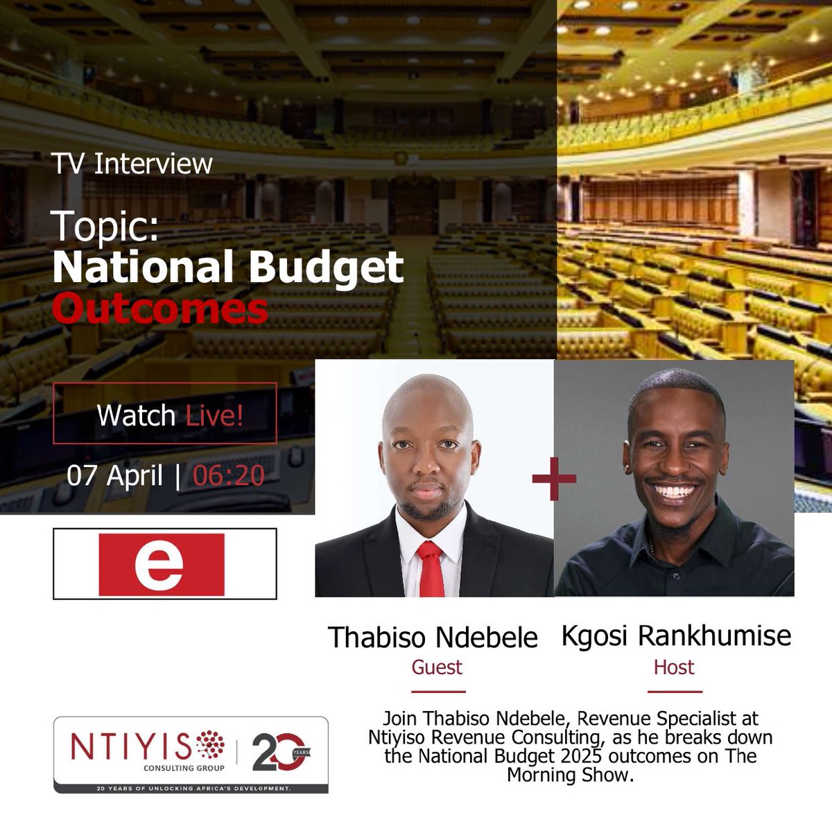 NtiyisoConsult's tweet photo. Tune in tomorrow morning, as Thabiso Ndebele, Revenue Specialist at Ntiyiso Revenue Consulting, joins Kgosi Rankhumise to unpack the 2025 National Budget outcomes.
#Budget2025 #TheMorningShow #NtiyisoConsultingGroup #EconomicInsights #UnlockingDevelopment https://t.co/g3FxQk5SQK