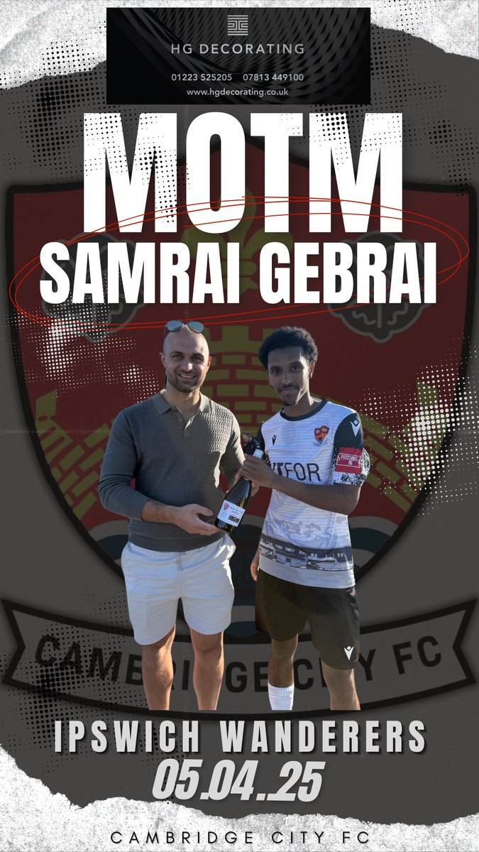 Yesterday’s Man Of The Match chosen by matchday sponsors <a href="/hgdecorating/">HG Decorating</a> was Samrai Gebrai.

Congrats on the goal Samrai and a big thanks to HG Decorating for supporting us, we hope you enjoyed your time at the FWD-IP Community Stadium 🖤🤍