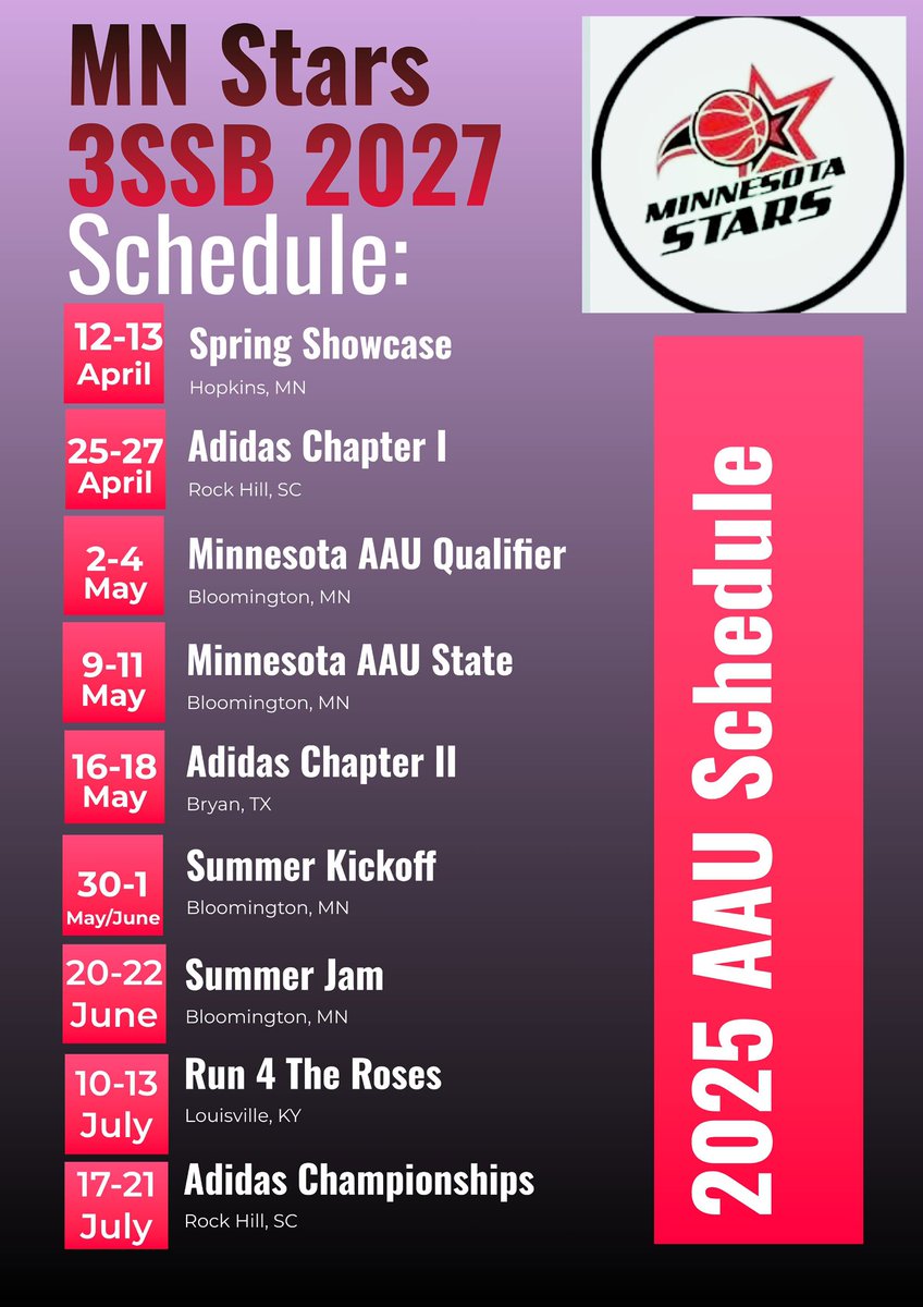 Minnesota Stars 2027 3SSB (@mnstars2027) on Twitter photo Hereβs the official schedule release for your 2027 <a href="/MinnesotaStars/">Minnesota Stars AAU</a> <a href="/3SSBGCircuit/">3Stripes Select Basketball Girls Circuit</a>. Canβt wait to start competing with this team!
<a href="/GMacHoops/">Grant McGinnis</a> <a href="/pgh_lisa/">PrepGirlsHoopsLisa</a> <a href="/PGHMinnesota/">Prep Girls Hoops Minnesota</a> <a href="/EricJrAllStar/">EricJrAllStar</a> <a href="/JrAllStarMN/">Minnesota Jr. All-Star GBB</a> Hereβs the official schedule release for your 2027 <a href="/MinnesotaStars/">Minnesota Stars AAU</a> <a href="/3SSBGCircuit/">3Stripes Select Basketball Girls Circuit</a>. Canβt wait to start competing with this team!
<a href="/GMacHoops/">Grant McGinnis</a> <a href="/pgh_lisa/">PrepGirlsHoopsLisa</a> <a href="/PGHMinnesota/">Prep Girls Hoops Minnesota</a> <a href="/EricJrAllStar/">EricJrAllStar</a> <a href="/JrAllStarMN/">Minnesota Jr. All-Star GBB</a>