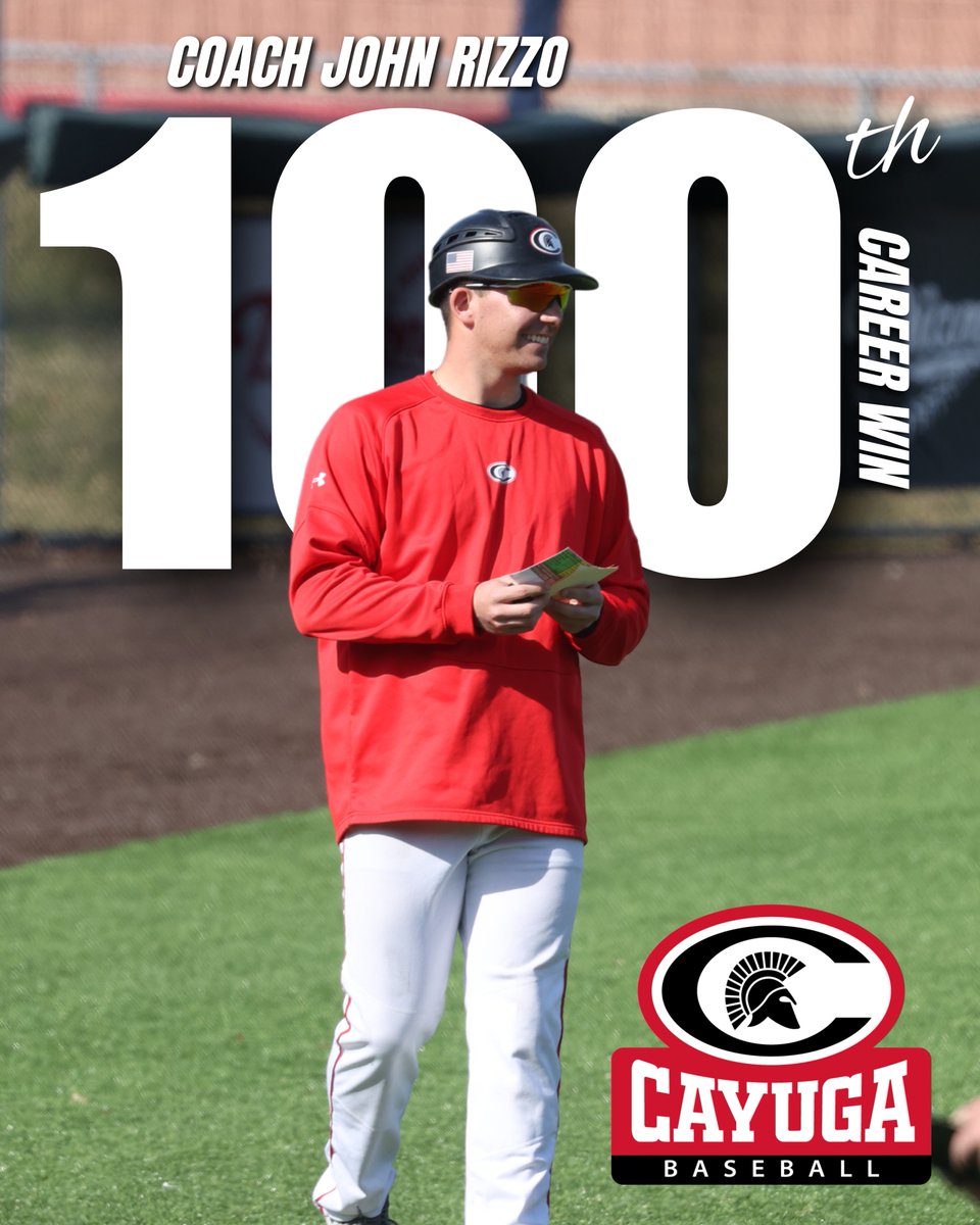 With a 10-2 win in the opener of today's doubleheader against SUNY Broome, Cayuga Coach John Rizzo has earned his 100th win as head coach of #Spartans Baseball!

@cayugacc <a href="/NJCAAReg3/">NJCAA REGION 3</a> <a href="/CoachRiz_/">John Rizzo</a>