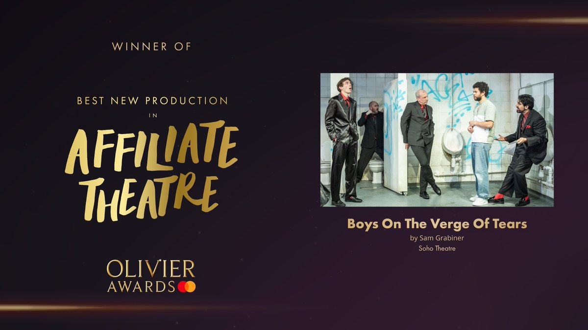 Olivier Awards (@olivierawards) on Twitter photo The Olivier Award for Best New Production in Affiliate Theatre goes to Boys On The Verge Of Tears by Sam Grabiner at <a href="/sohotheatre/">Soho Theatre</a>.
#OlivierAwards The Olivier Award for Best New Production in Affiliate Theatre goes to Boys On The Verge Of Tears by Sam Grabiner at <a href="/sohotheatre/">Soho Theatre</a>.
#OlivierAwards