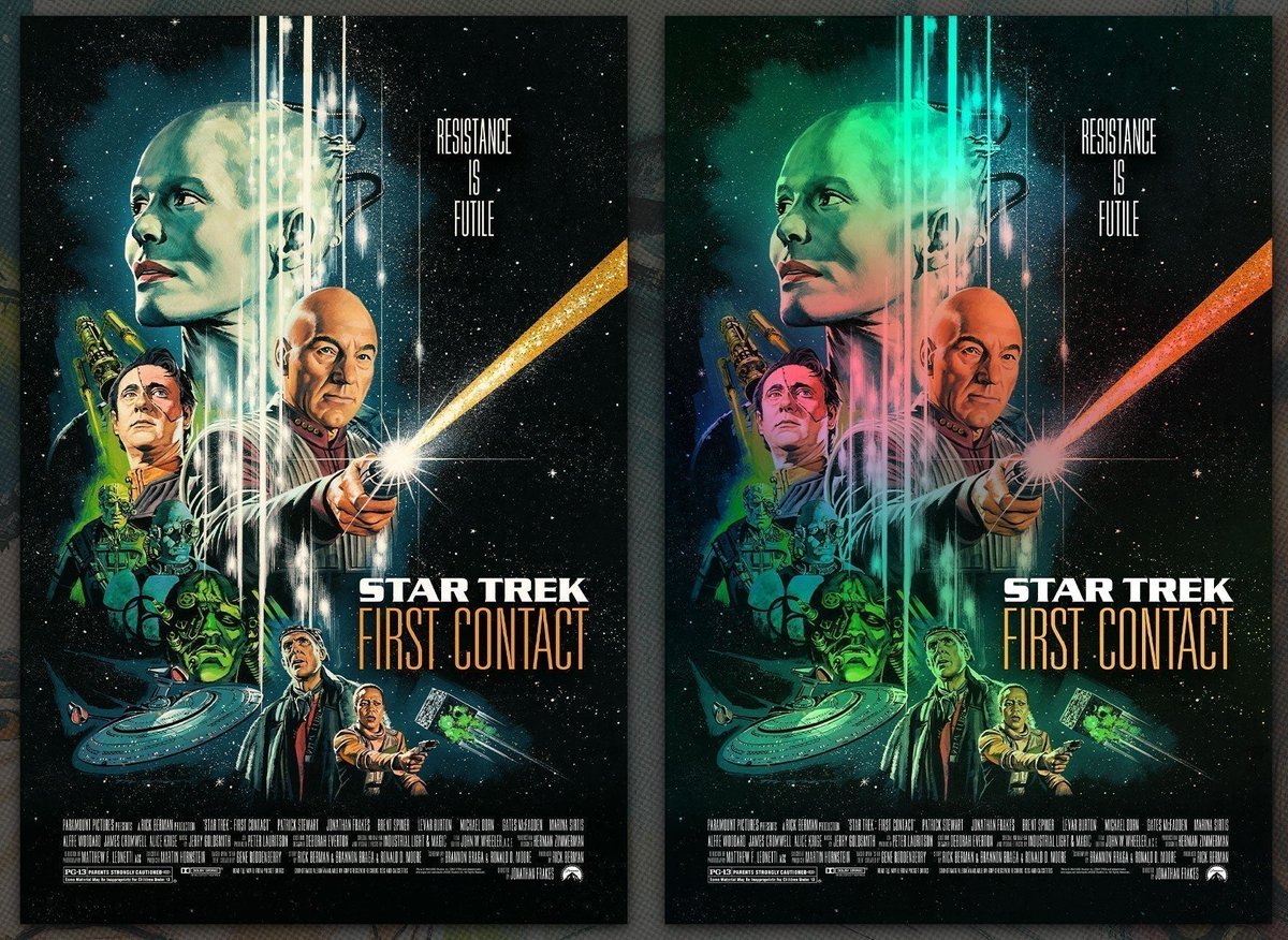 Tuesday at <a href="/VicePressNews/">Vice Press</a>  — the new STAR TREK: FIRST CONTACT poster by artist Paul Mann will be available in regular and foil-print editions

April 8th at 8pm BST.  More info: vice-press.com/blogs/news/sta…

#StarTrek