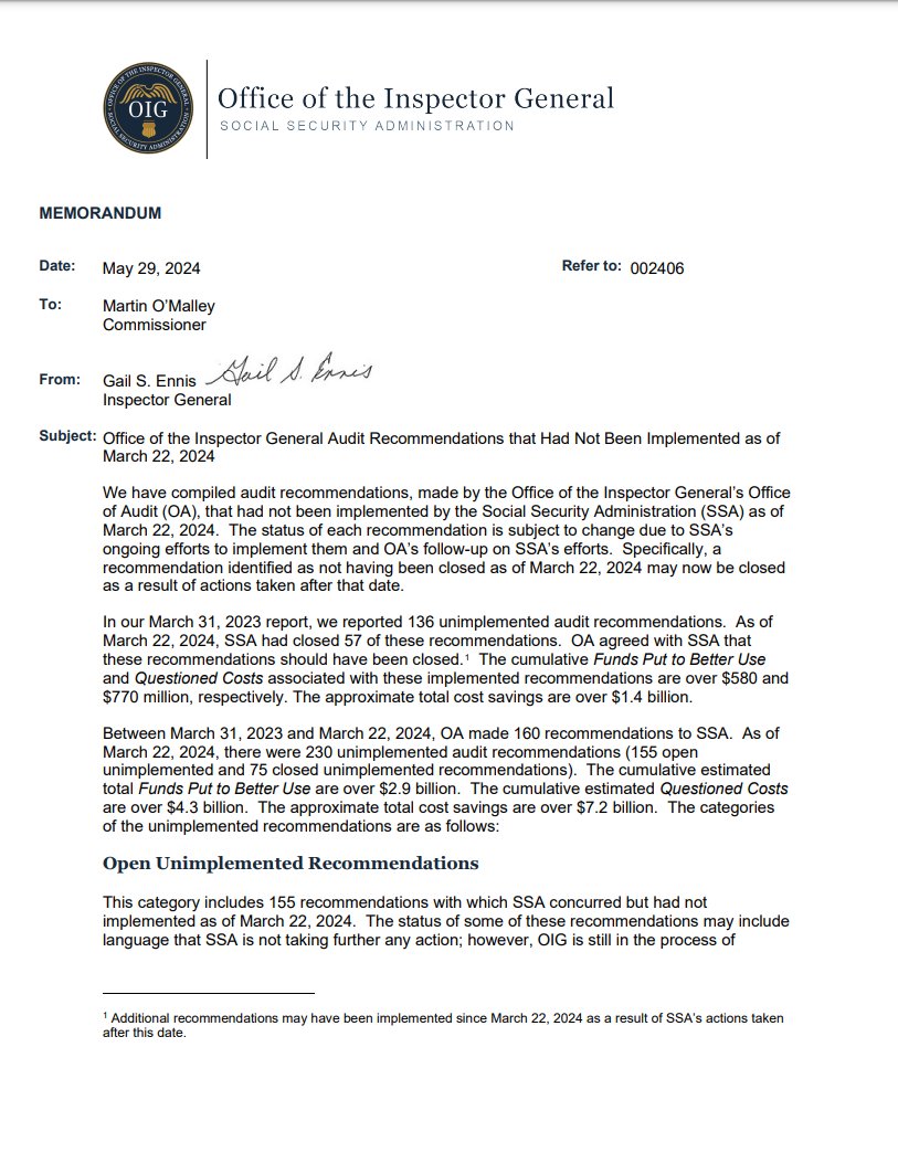 ShellyMarven's tweet photo. This is the Inspector Generals Report
Office of the Inspector General Audit Recommendations that Had Not Been Implemented as of March 22, 2024 BEFORE ELON even came into the picture on Social Security, where THE IG, had been letting them KNOW since 2021 or before that their were problems, OVER 125 PAGES IN THIS REPORT ALONE, and they STILL had NOT CORRECTED OR IMPLEMENTED CHANGE. A lot were on Deaths showing up in the system, that had not been taken out. ON TOP of many OTHER problems. It really is a shame that Elon HAD to be the one to make them START TO DO THEIR DAMN JOB. It does not matter how many reports are written, if they never change anything WHAT DID IT MATTER. So one of my points is with these liberals complaining, they have had funds stolen for years, and they would have KEPT doing it, if not for Elon.
https://t.co/2lj5JcPIBt