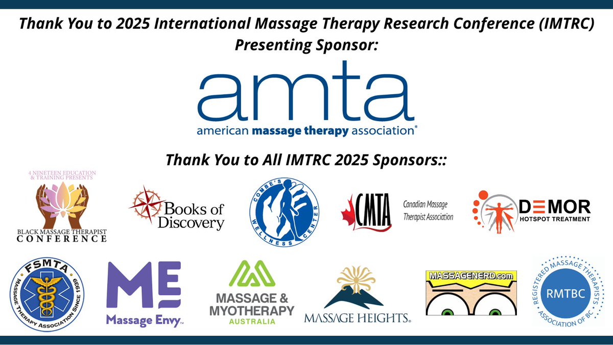 #IMTRC2025 is 3 weeks away! We can’t wait to connect in person, discuss the latest research, engage with poster presenters, exhibitors, and more. Deepest thanks to IMTRC Presenting Sponsor, American Massage Therapy Association - AMTA. bit.ly/2025-IMTRC