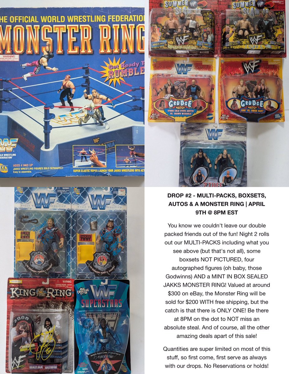 Vintage Jakks BCA (@vintagejakksbca) on Twitter photo To all my fellow past/present/future BCA collectors, be sure to check out <a href="/jandjfigures/">J + J Figures</a> this week for a massive Jakks BCA figure sale. Starts tomorrow at 12 noon Eastern time and continues through Thursday night. Lots of ‘98/‘99 figures to be had. Click on the pics for more info. To all my fellow past/present/future BCA collectors, be sure to check out <a href="/jandjfigures/">J + J Figures</a> this week for a massive Jakks BCA figure sale. Starts tomorrow at 12 noon Eastern time and continues through Thursday night. Lots of ‘98/‘99 figures to be had. Click on the pics for more info.