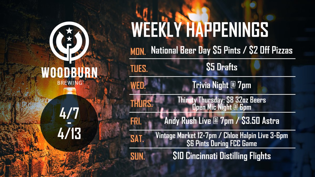 We'd love to see your beautiful faces at Woodburn Brewing this week for food, drinks and community! Here's what's going on this week.