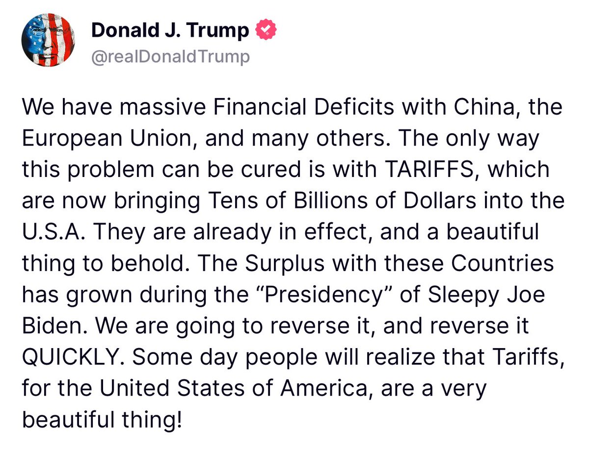 BREAKING 🚨 Donald Trump dropped the 🎤 on Truth Social about Tariffs. We won’t back down 🔥 

America is DONE being bullied 

I STAND WITH TRUMP
