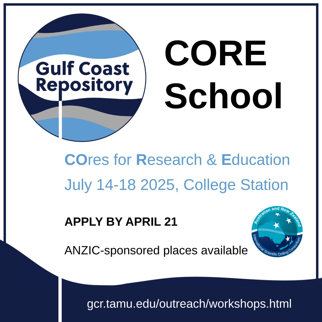 Attention Students &amp; ECRs!
Learn more about scientific ocean drilling methods, examining cores &amp; analysing data at the Gulf Coast Repository's CORE School!
ANZIC will support successful Australian &amp; New Zealand applicants to attend!
gcr.tamu.edu/outreach/works…